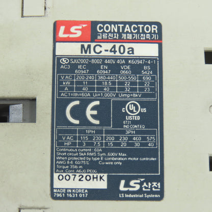 LS MC-40a Metasol 30HP 40A Power Contactor 24V DC Coil