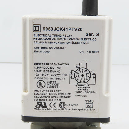 Square D 9050JCK41PTV20 Ser G Timing Relay 0.1-10 Sec 120/240VAC 10A W/ Base