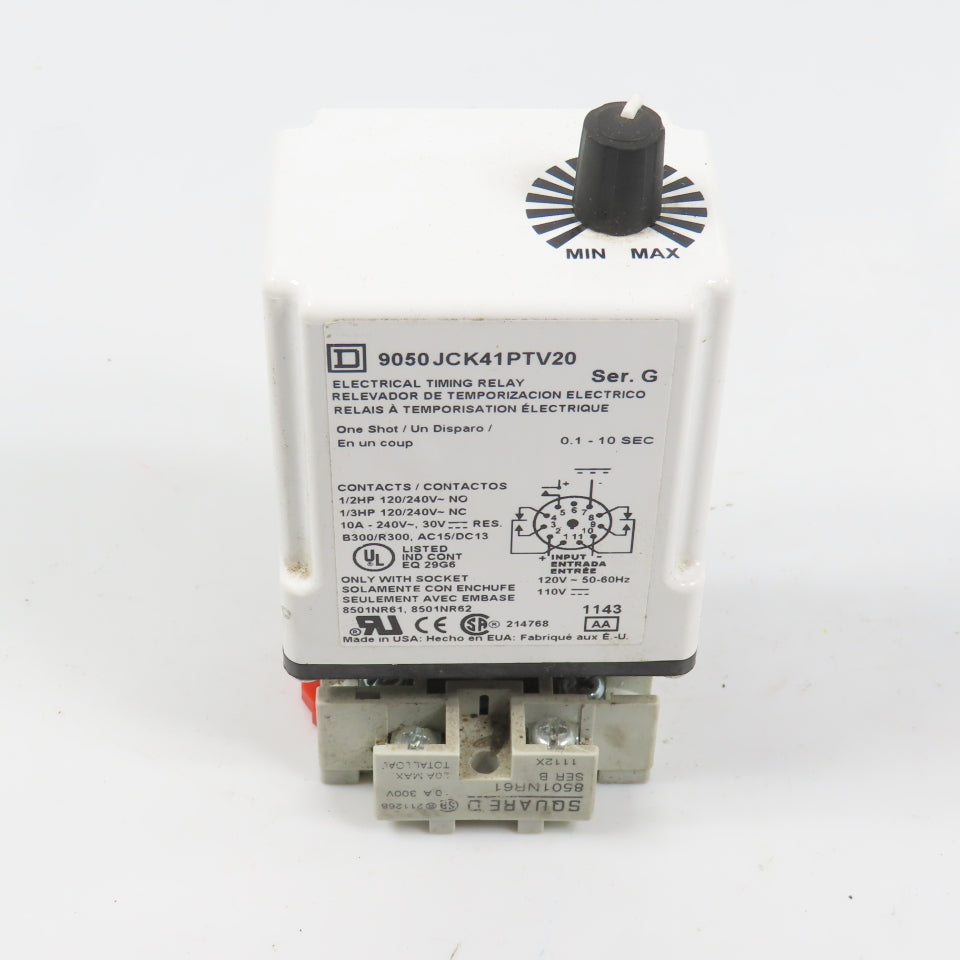 Square D 9050JCK41PTV20 Ser G Timing Relay 0.1-10 Sec 120/240VAC 10A W/ Base