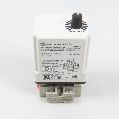 Square D 9050JCK41PTV20 Ser G Timing Relay 0.1-10 Sec 120/240VAC 10A W/ Base