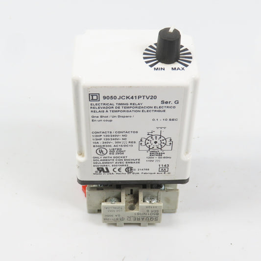 Square D 9050JCK41PTV20 Ser G Timing Relay 0.1-10 Sec 120/240VAC 10A W/ Base