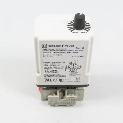 Square D 9050JCK41PTV20 Ser G Timing Relay 0.1-10 Sec 120/240VAC 10A W/ Base
