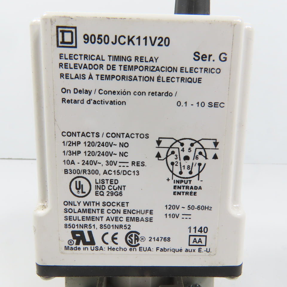 Square D 9050JCK11V20 Ser G Timing Relay 0.1-10 Sec 120/240VAC 10A W/ Base