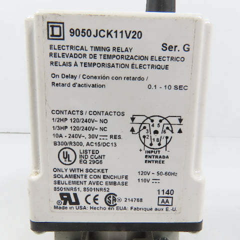 Square D 9050JCK11V20 Ser G Timing Relay 0.1-10 Sec 120/240VAC 10A W/ Base