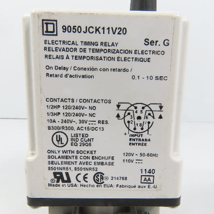 Square D 9050JCK11V20 Ser G Timing Relay 0.1-10 Sec 120/240VAC 10A W/ Base