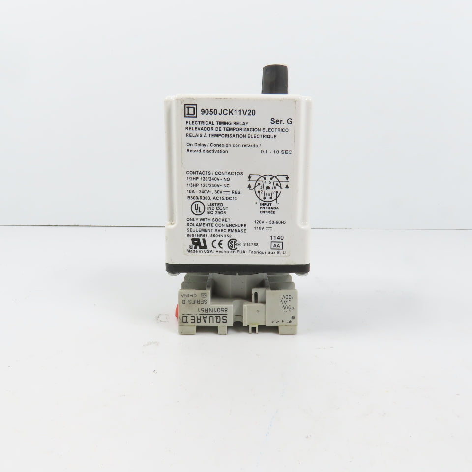 Square D 9050JCK11V20 Ser G Timing Relay 0.1-10 Sec 120/240VAC 10A W/ Base