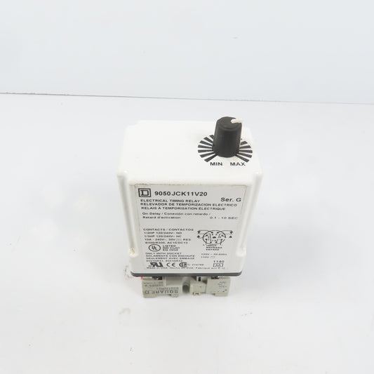 Square D 9050JCK11V20 Ser G Timing Relay 0.1-10 Sec 120/240VAC 10A W/ Base