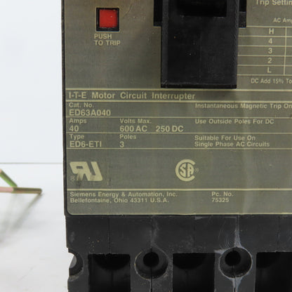 Siemens ED63A040 ED6-ETI 40A Panel Operator Circuit Breaker 600VAC 250VDC 3-Pole