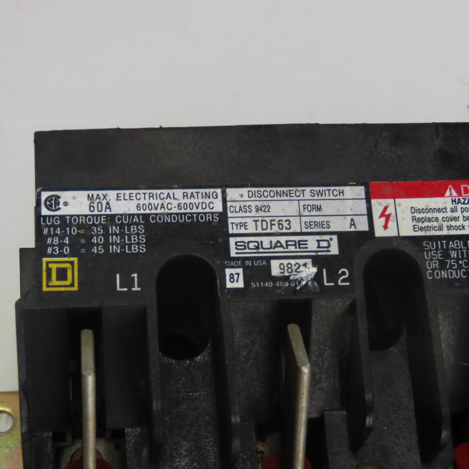 Square D TDF63 Ser A Class 9422 Disconnect Switch 60A 600V 3-Pole