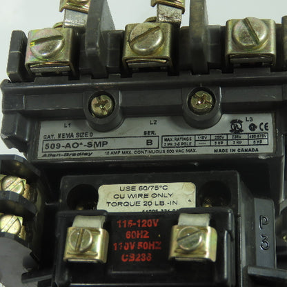 Allen Bradley 509-AO*-SMP Nema Size 0 3-Pole Motor Starter 5HP 600VAC 18A