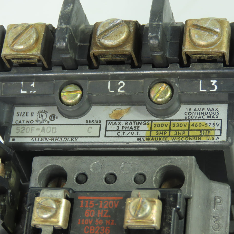 Allen Bradley 520F-A0D Size 0 3-Pole Reversing Motor Starter 5HP 600VAC 18A