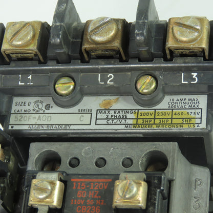 Allen Bradley 520F-A0D Size 0 3-Pole Reversing Motor Starter 5HP 600VAC 18A