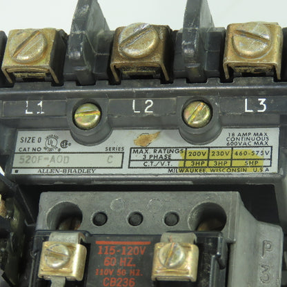 Allen Bradley 520F-A0D Size 0 3-Pole Reversing Motor Starter 5HP 600VAC 18A