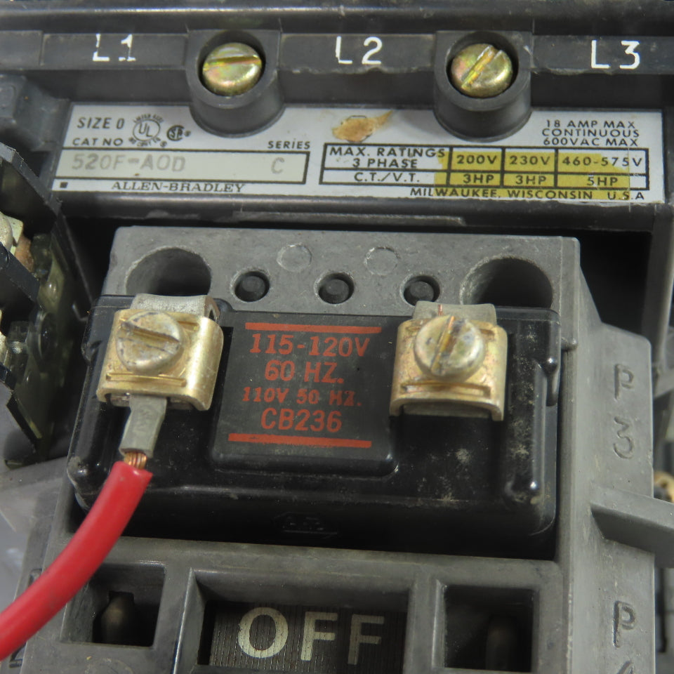 Allen Bradley 520F-A0D Size 0 3-Pole Reversing Motor Starter 5HP 600VAC 18A
