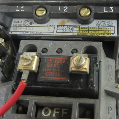 Allen Bradley 520F-A0D Size 0 3-Pole Reversing Motor Starter 5HP 600VAC 18A