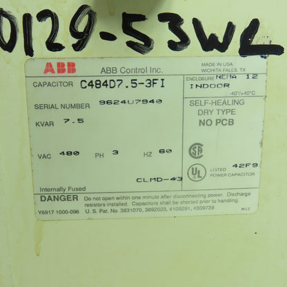 ABB C484D7.5-3FI 7.5KVAR Power Capacitor 480VAC 3PH 60HZ Nema 12