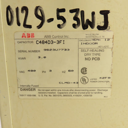 ABB C484D3-3FI 3.0KVAR Power Capacitor 480VAC 3PH 60HZ Nema 12