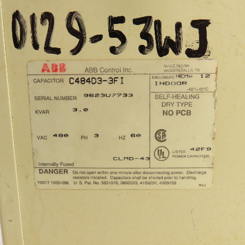 ABB C484D3-3FI 3.0KVAR Power Capacitor 480VAC 3PH 60HZ Nema 12