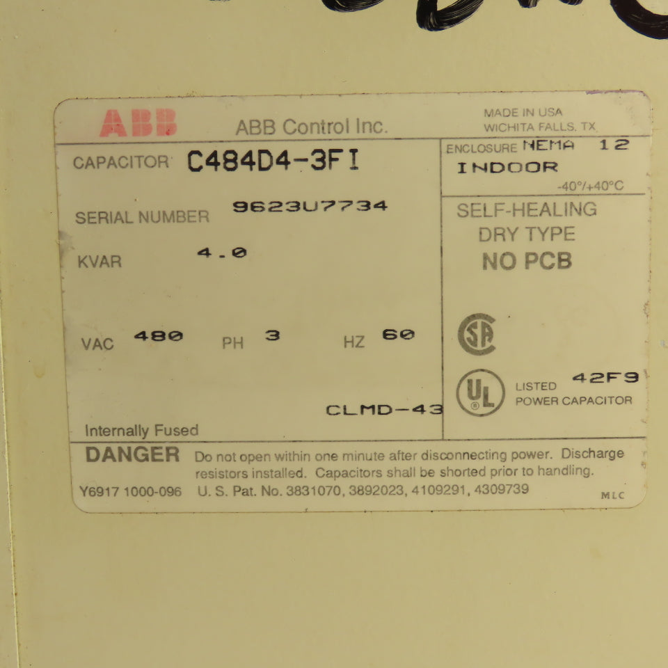 ABB C484D4-3FI 4.0KVAR Power Capacitor 480VAC 3PH 60HZ Nema 12