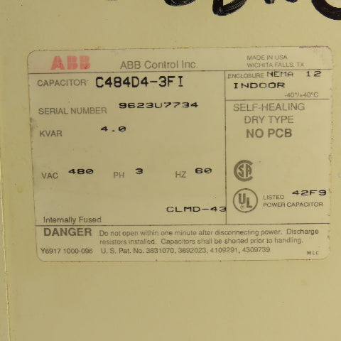 ABB C484D4-3FI 4.0KVAR Power Capacitor 480VAC 3PH 60HZ Nema 12
