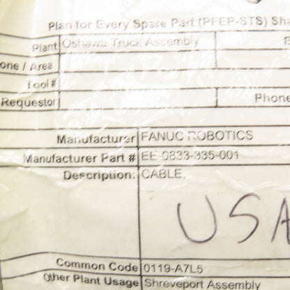 Fanuc EE-0833-335-001 Robot Control Cable Assembly Brake Axis 7