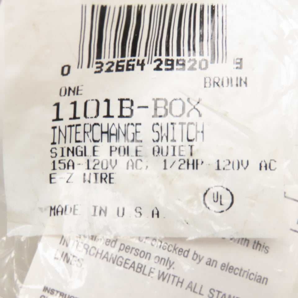 Eagle 1101B-BOX Brown Interchange Switch 1 Pole Quiet 15A-120V 1/2Hp E-Z Wire