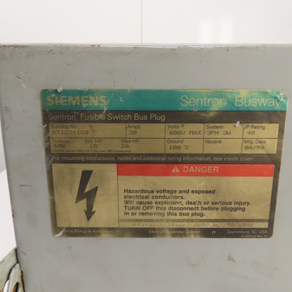 Siemens SXID361G0 Sentron Fusible Busway Plug Switch Unit 30A 3P 3W 600V