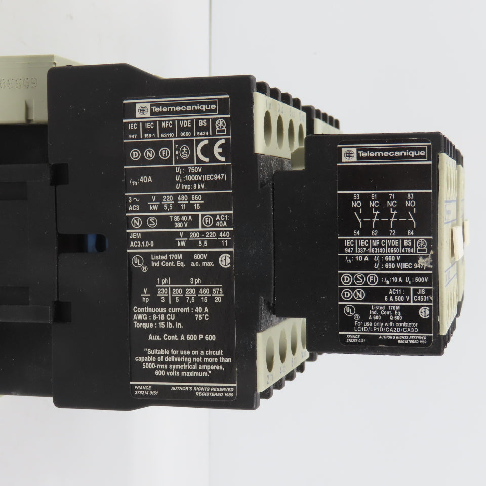 Telemecanique LC1D2510 15HP Interlocked Reversing Contactor 120V Coil W/LA1 DN22