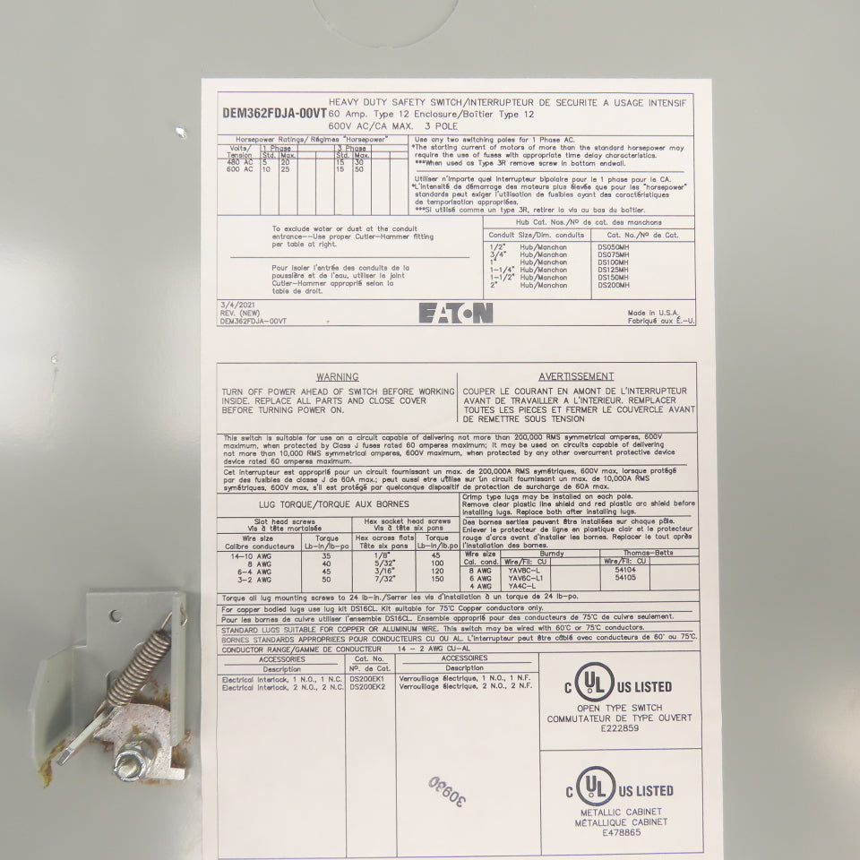 Eaton DEM362FDJA-00VT 60A 600V Fusible OEM OLI Line Isolation Switch&Flex Shaft