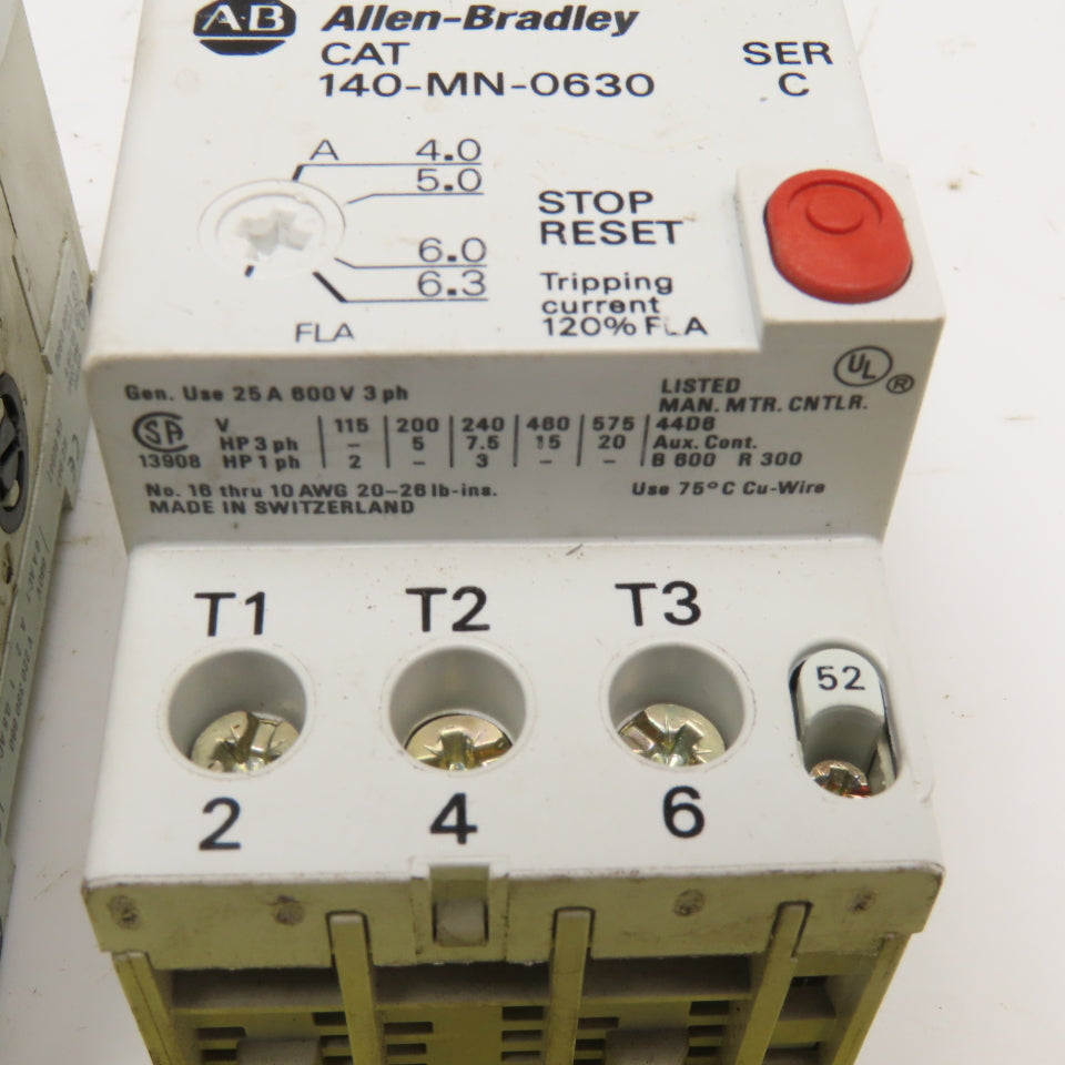 Allen Bradley 140-MN-0630 600V 25A 20Hp Manual Motor Starter 4.0-6.3A Trip Lot/2
