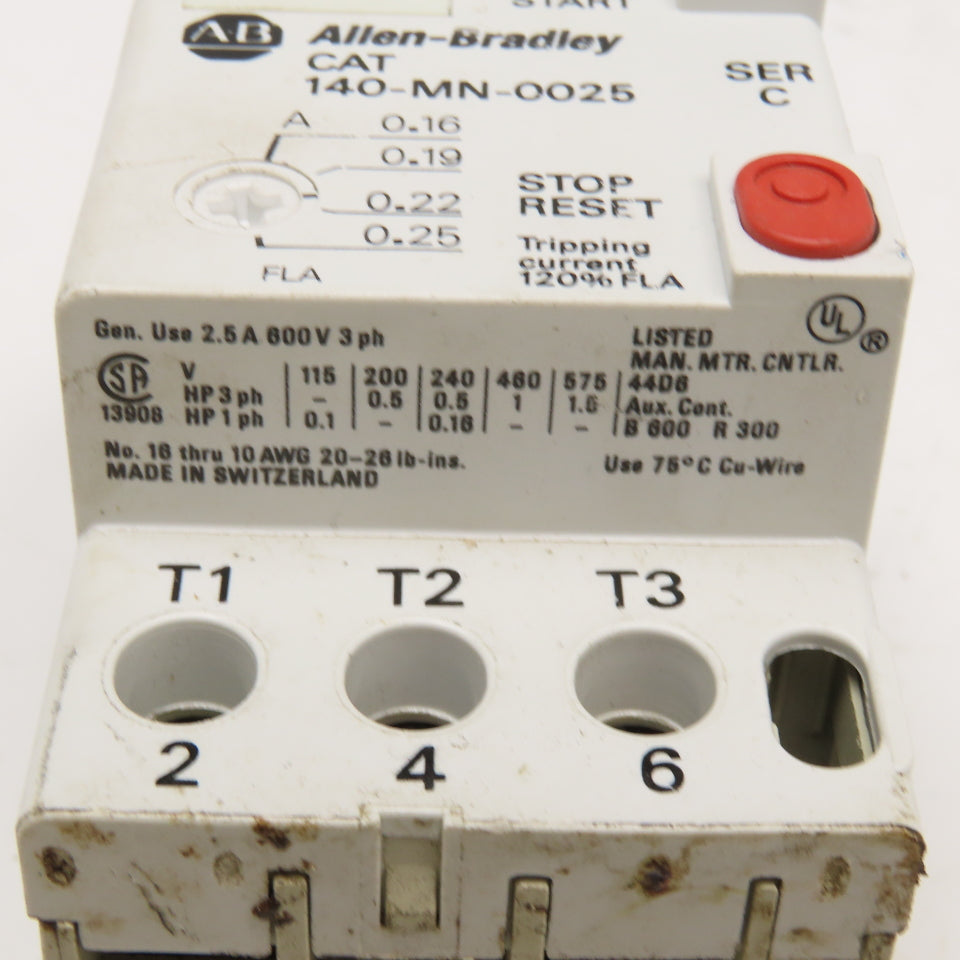 Allen Bradley 140-MN-0025 600V 2.5A 1Hp Manual Motor Starter 0.16-.25 Trip