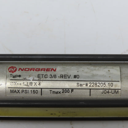 Norgren ETC 3/8-REV #0 Pneumatic Air Cylinder 1-1/8" Stroke 4" Bore 150PSI