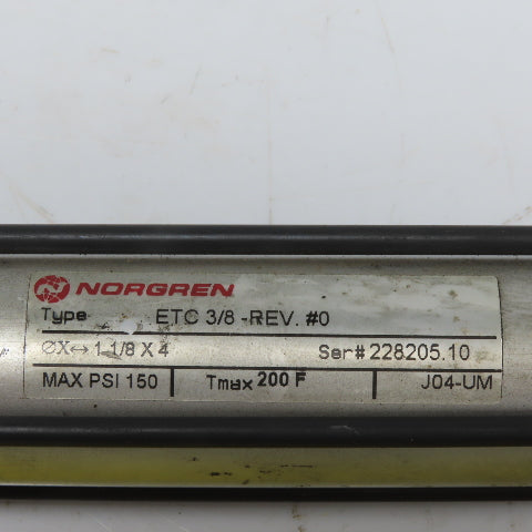 Norgren ETC 3/8-REV #0 Pneumatic Air Cylinder 1-1/8" Stroke 4" Bore 150PSI