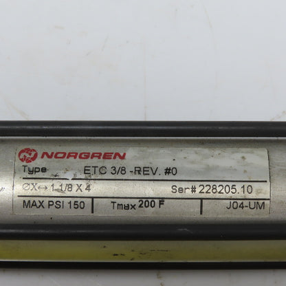 Norgren ETC 3/8-REV #0 Pneumatic Air Cylinder 1-1/8" Stroke 4" Bore 150PSI