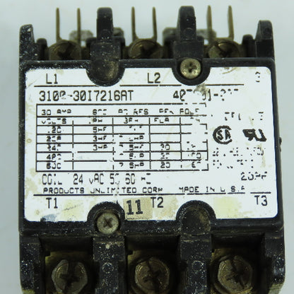 Products Unlimited 3100-30I7216AT 30A 600VAC 7.5HP Power Contactor 24VAC Coil