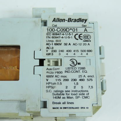 Allen Bradley 100-C09D*01 Ser A 9A 5HP 600VAC IEC C09 Contactor 24VDC Coil