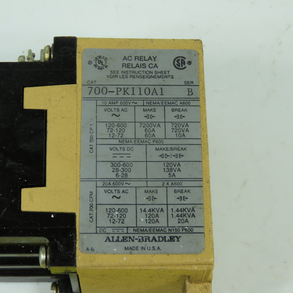 Allen Bradley 700-PK110A1 Ser B Master Control AC Relay 20A 600VAC Max 120V Coil