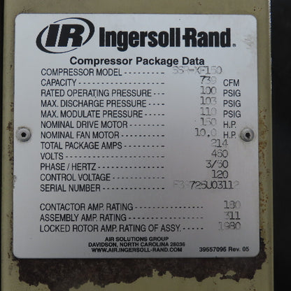 Ingersoll Rand SSR-XF150 Rotary Screw Air Compressor 150HP 460V 739CFM 103PSIG