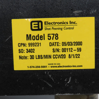 Electronics Inc. Model 578 Shot Peening Control 30 Lbs./Min CCW20