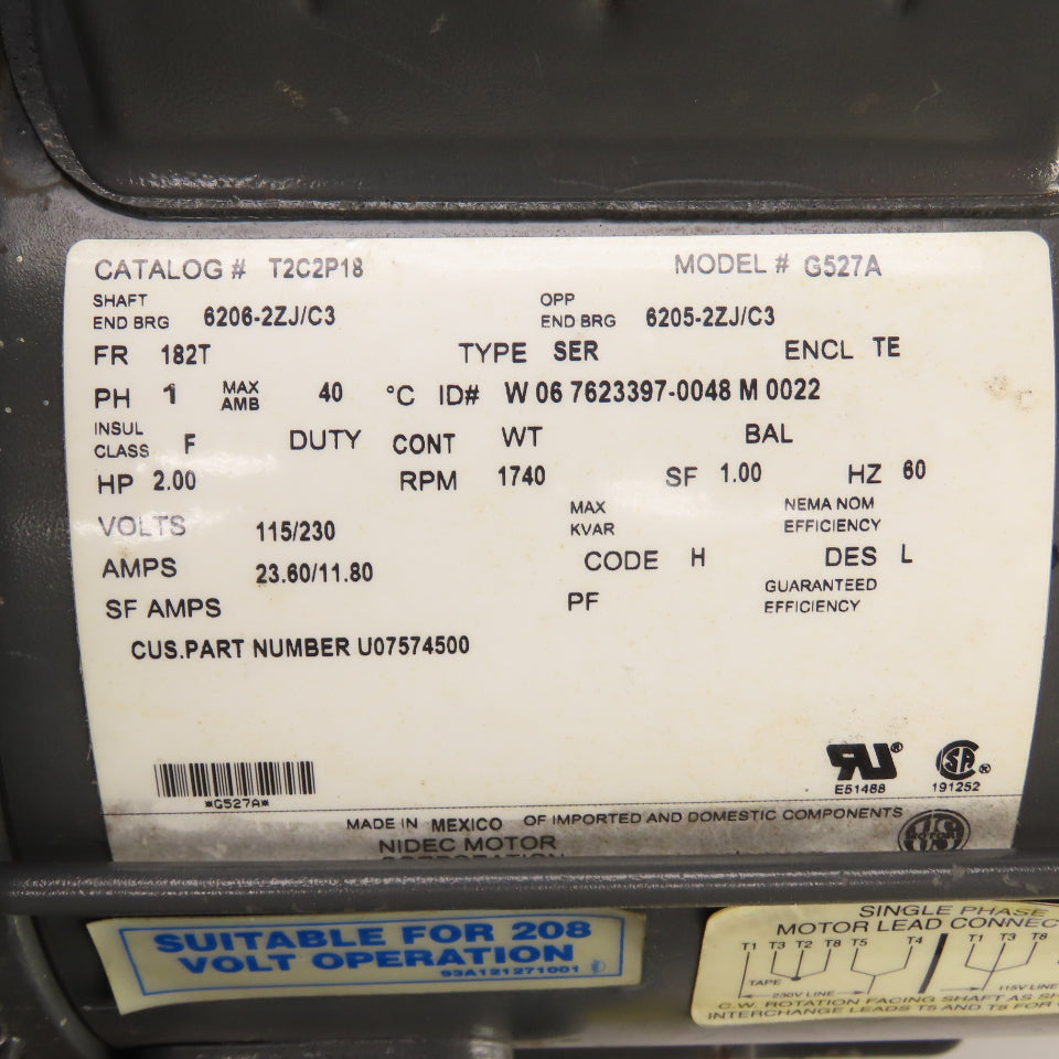 Nidec US T2C2P18 G527A 2HP AC Electric Motor 115/208-230 1PH 1740RPM 182T Frame