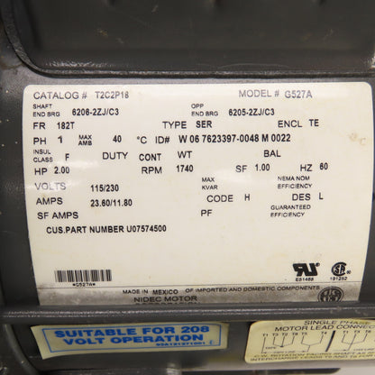 Nidec US T2C2P18 G527A 2HP AC Electric Motor 115/208-230 1PH 1740RPM 182T Frame