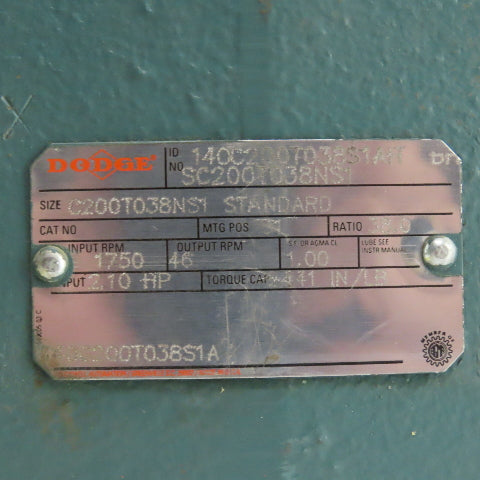 Dodge C200T038NS1 38:1 Ratio2.10HP Gear Reducer 46RPM Output 2441 Torq