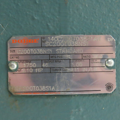 Dodge C200T038NS1 38:1 Ratio2.10HP Gear Reducer 46RPM Output 2441 Torq