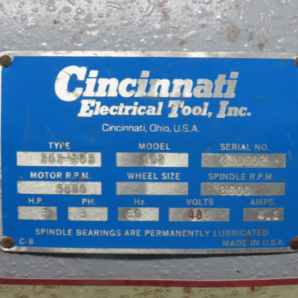 Cincinnati 202-103 Model 102 3HP 480V Pedestal Buffer 3600RPM 1-1/4" Arbor