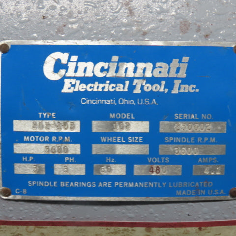 Cincinnati 202-103 Model 102 3HP 480V Pedestal Buffer 3600RPM 1-1/4" Arbor