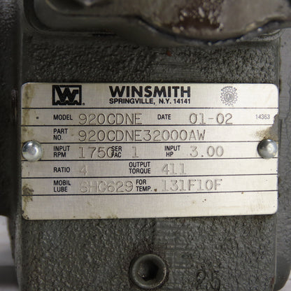 Winsmith 920CDNE 4:1 Ratio Right Hand Gear Reducer 437.5 RPM Output 411 Torq 3HP