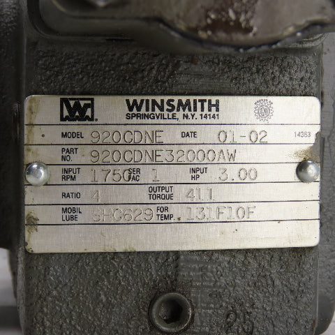 Winsmith 920CDNE 4:1 Ratio Right Hand Gear Reducer 437.5 RPM Output 411 Torq 3HP