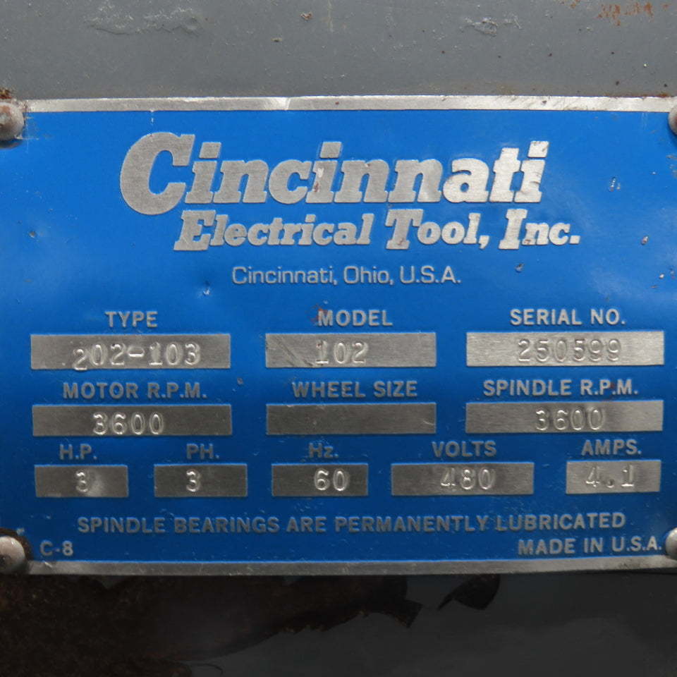 Cincinnati 202-103 Model 102 3HP 480V Pedestal Buffer 3600RPM 1-1/4" Arbor