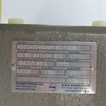 Stober K202AG0460MR160/140BLL 46.2:1 Ratio Gear Reducer 37.9RPM 1.1HP 1772 Torq