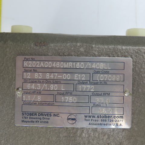 Stober K202AG0460MR160/140BLL 46.2:1 Ratio Gear Reducer 37.9RPM 1.1HP 1772 Torq